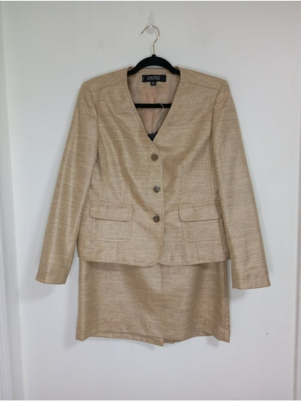 Kasper Set Suit 12P Blazer & Pencil Skirt Beige Petite Womens Formal Office